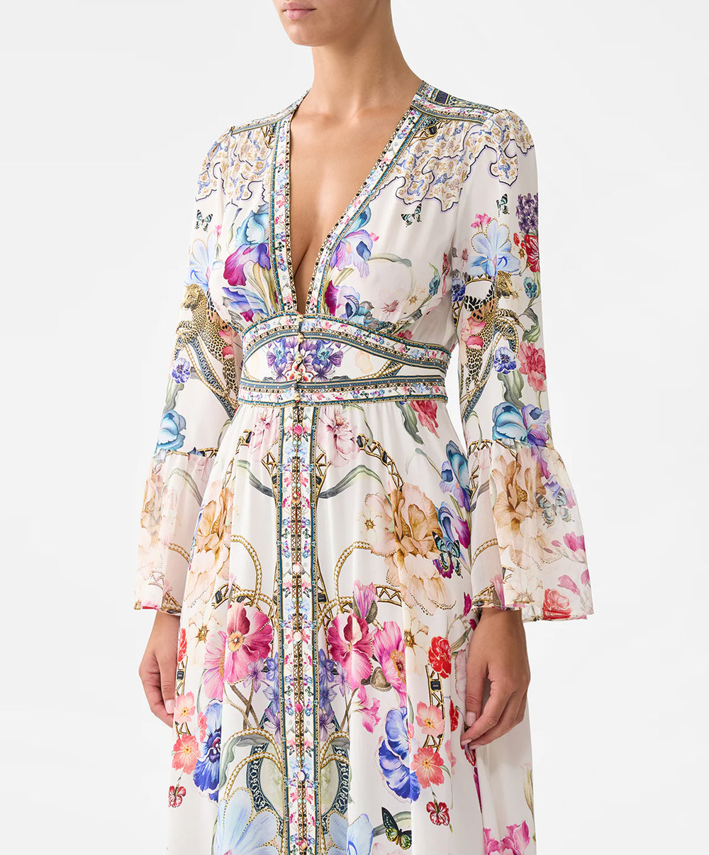Shaped Waistband Dress With Ruffle Sleeve