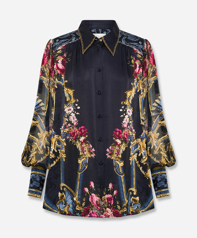 Button Through Blouson Sleeve Blouse