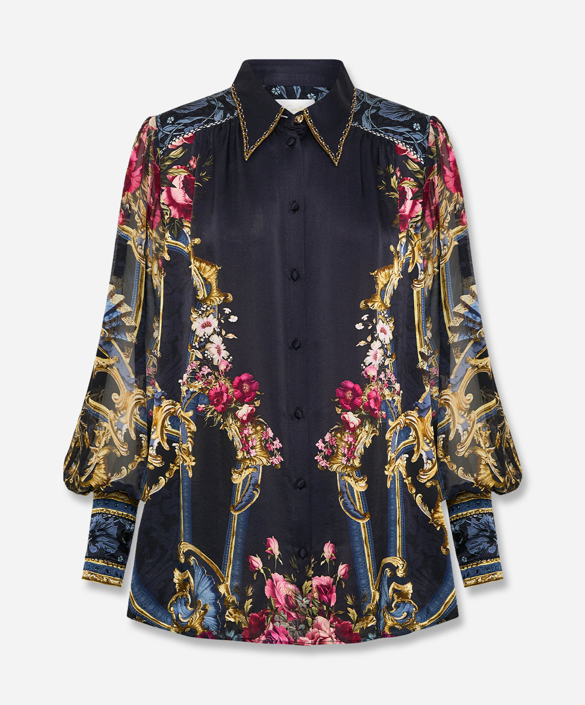 Button Through Blouson Sleeve Blouse