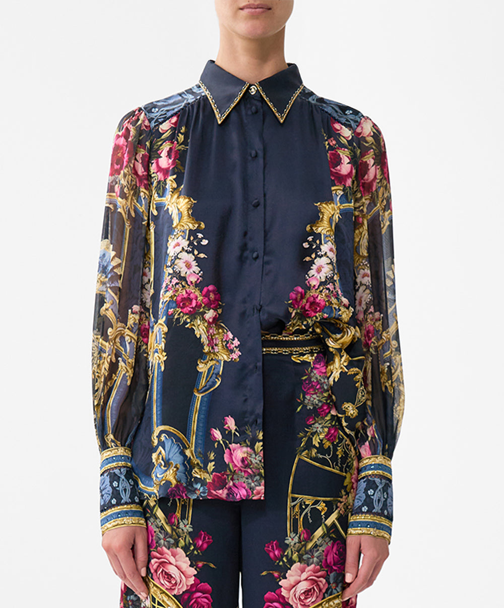 Button Through Blouson Sleeve Blouse