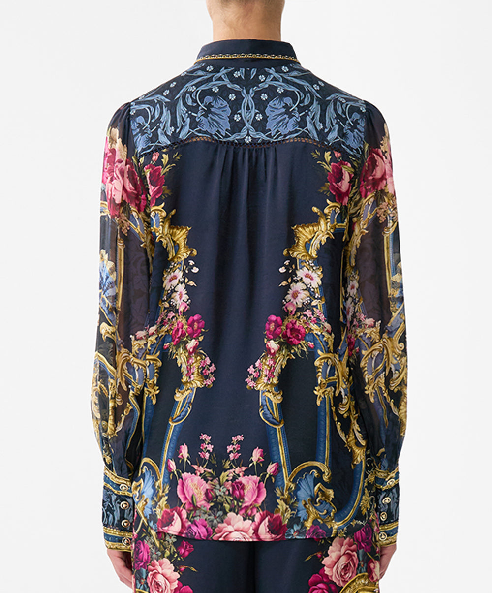 Button Through Blouson Sleeve Blouse