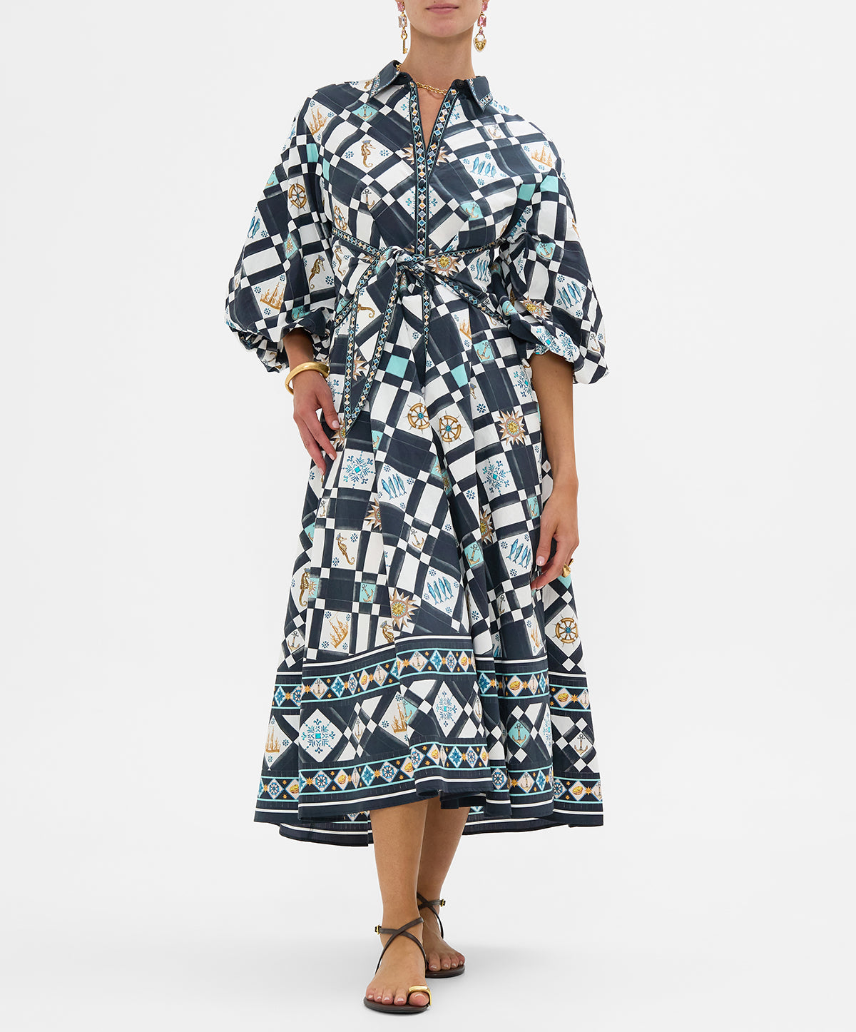 Waist Tie Shirt Dress With Bubble Sleeve