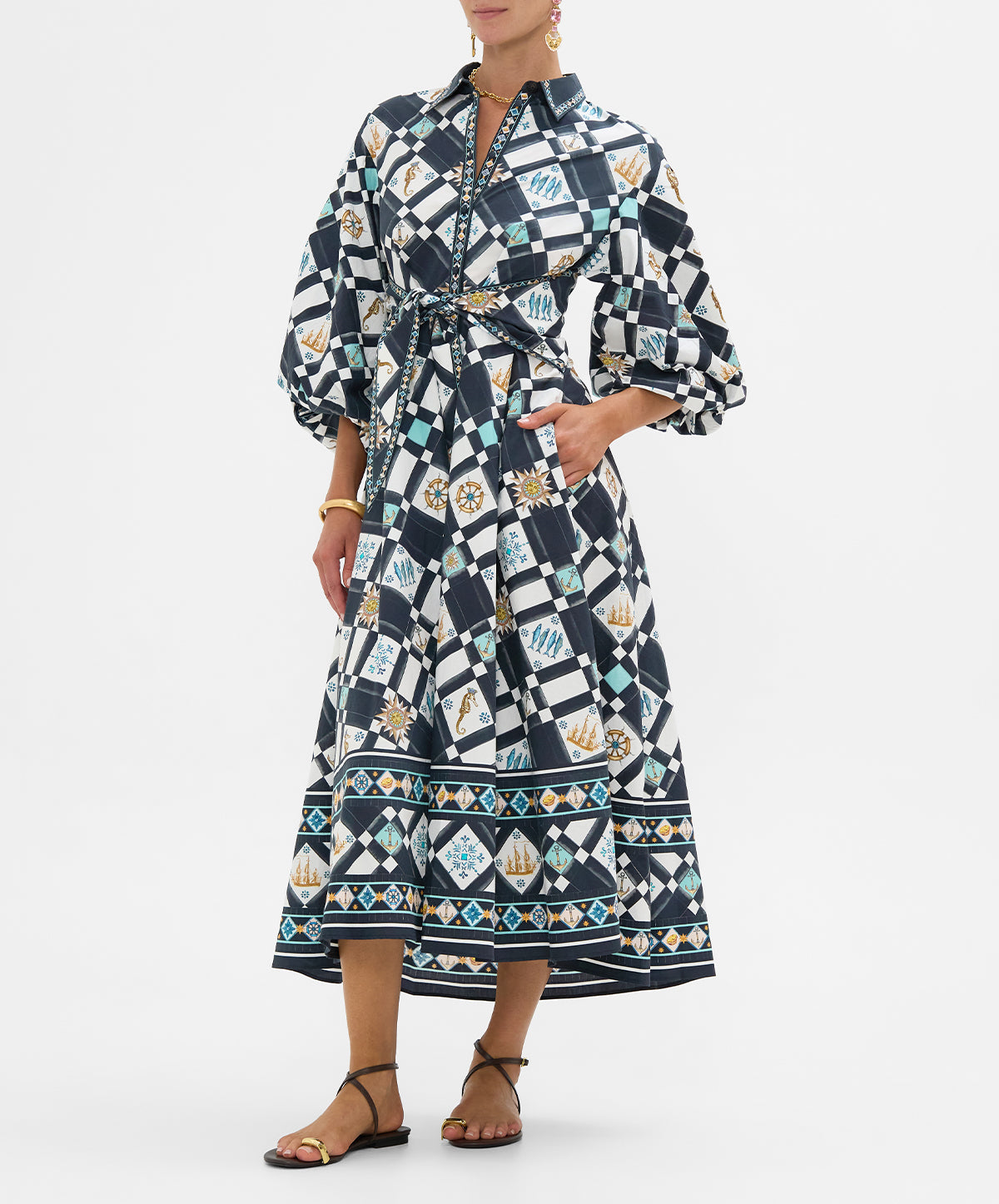 Waist Tie Shirt Dress With Bubble Sleeve