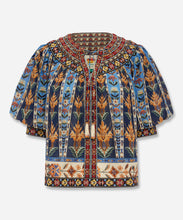 Load image into Gallery viewer, Blue Embroidered Tapestry Tassels Puff Sleeve Blouse