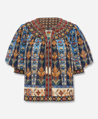 Blue Embroidered Tapestry Tassels Puff Sleeve Blouse