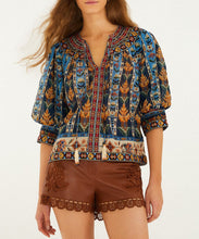 Load image into Gallery viewer, Blue Embroidered Tapestry Tassels Puff Sleeve Blouse