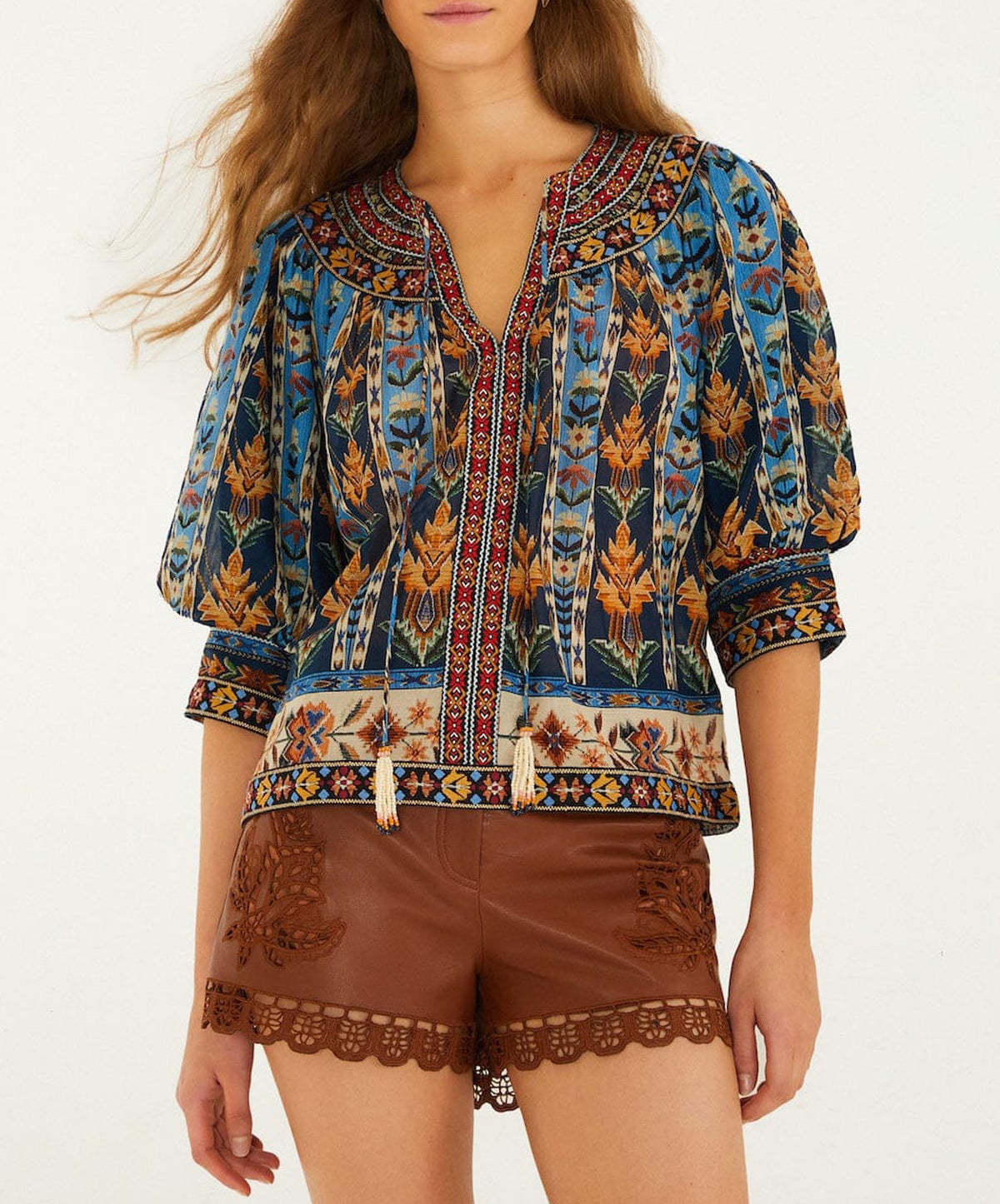Blue Embroidered Tapestry Tassels Puff Sleeve Blouse