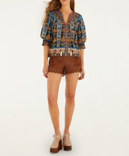 Load image into Gallery viewer, Blue Embroidered Tapestry Tassels Puff Sleeve Blouse