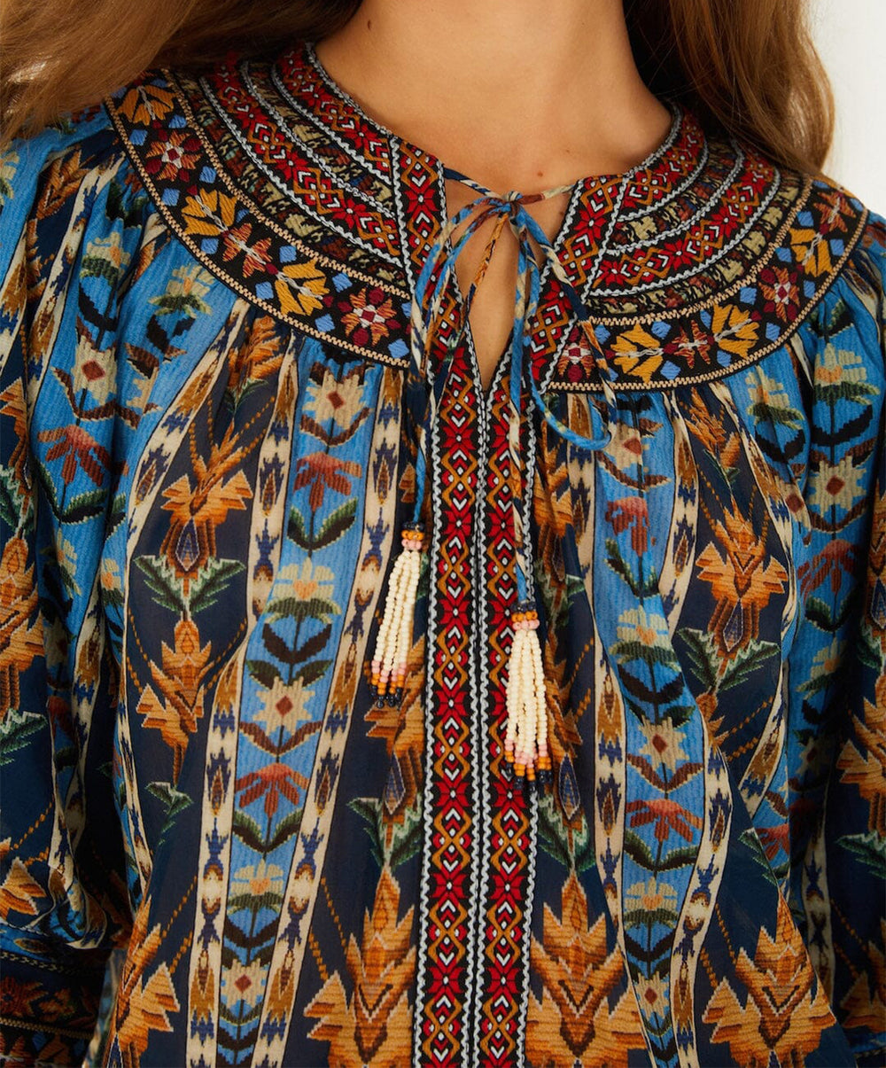 Blue Embroidered Tapestry Tassels Puff Sleeve Blouse