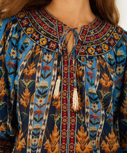 Load image into Gallery viewer, Blue Embroidered Tapestry Tassels Puff Sleeve Blouse