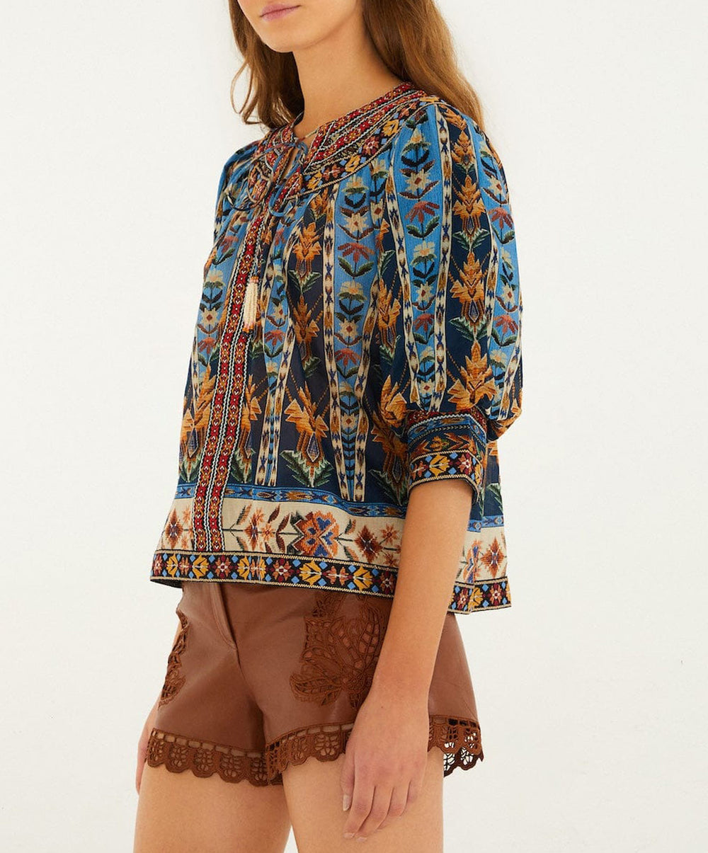 Blue Embroidered Tapestry Tassels Puff Sleeve Blouse