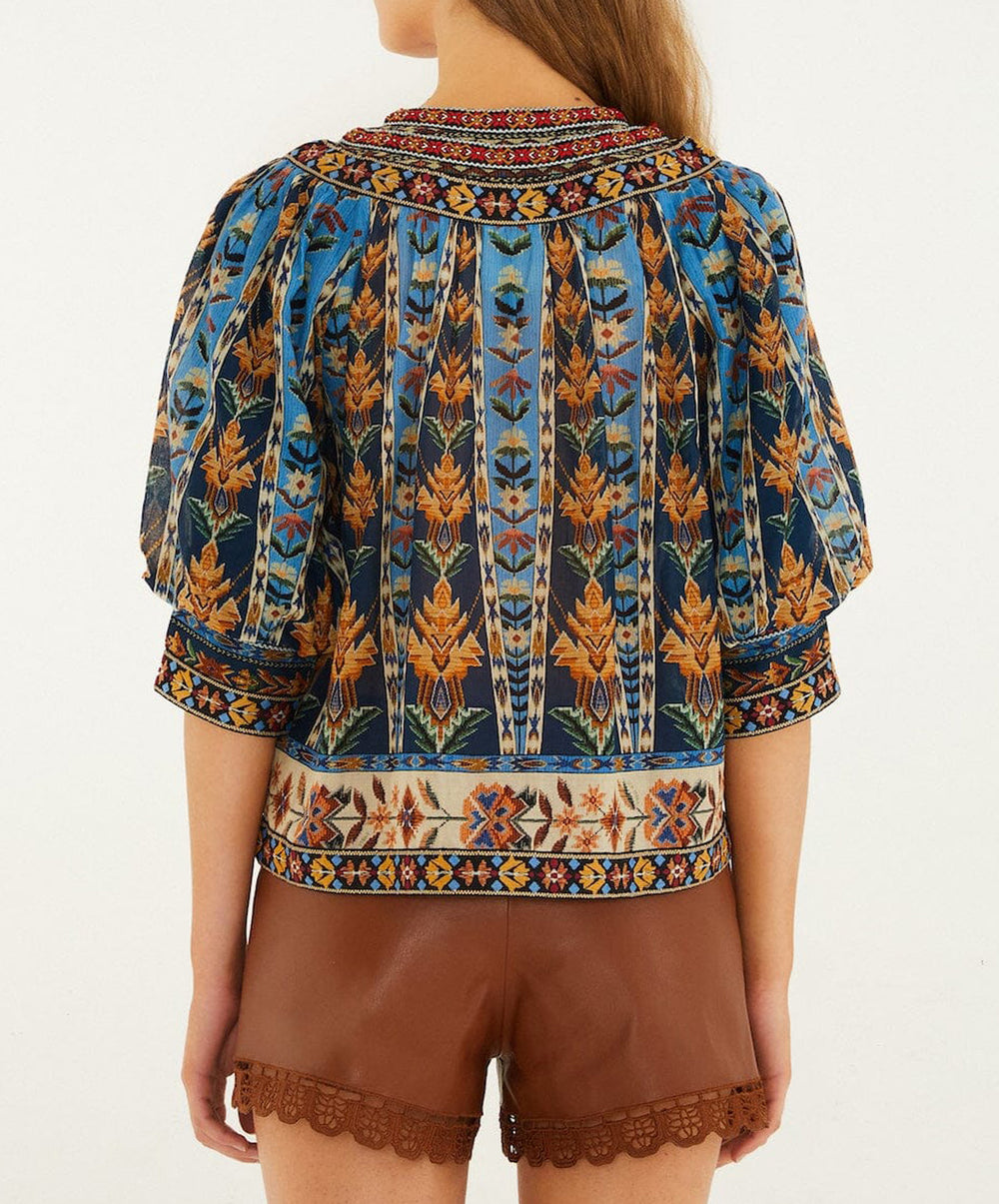Blue Embroidered Tapestry Tassels Puff Sleeve Blouse