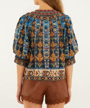 Load image into Gallery viewer, Blue Embroidered Tapestry Tassels Puff Sleeve Blouse