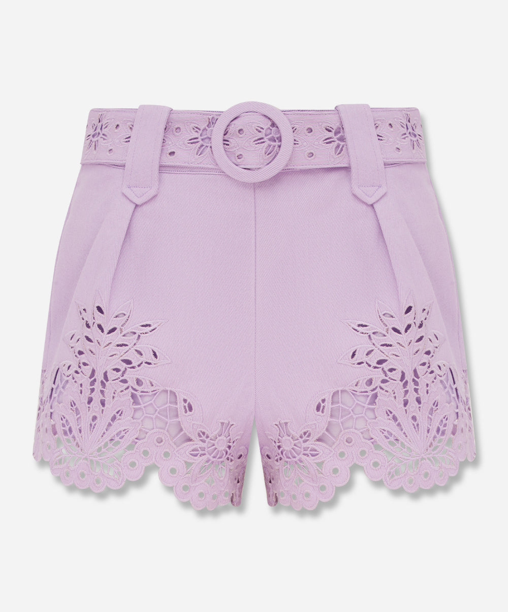 Lilac Geometric Richelieu Twill Belted Shorts
