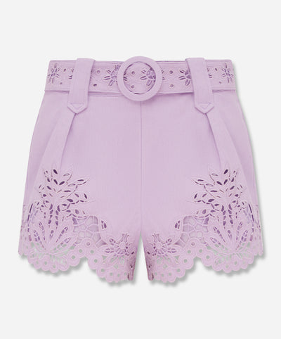 Lilac Geometric Richelieu Twill Belted Shorts