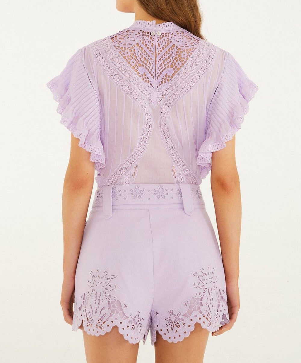 Lilac Geometric Richelieu Twill Belted Shorts