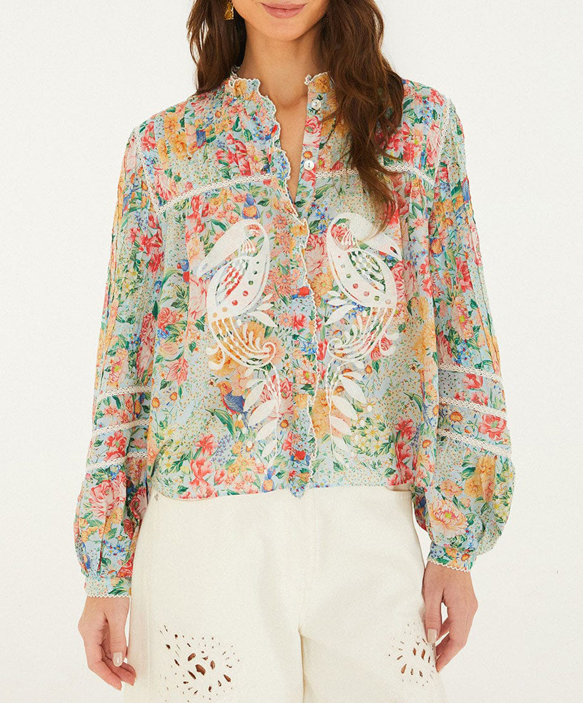 Multicolor Rendeira Cutwork Long Sleeve Blouse