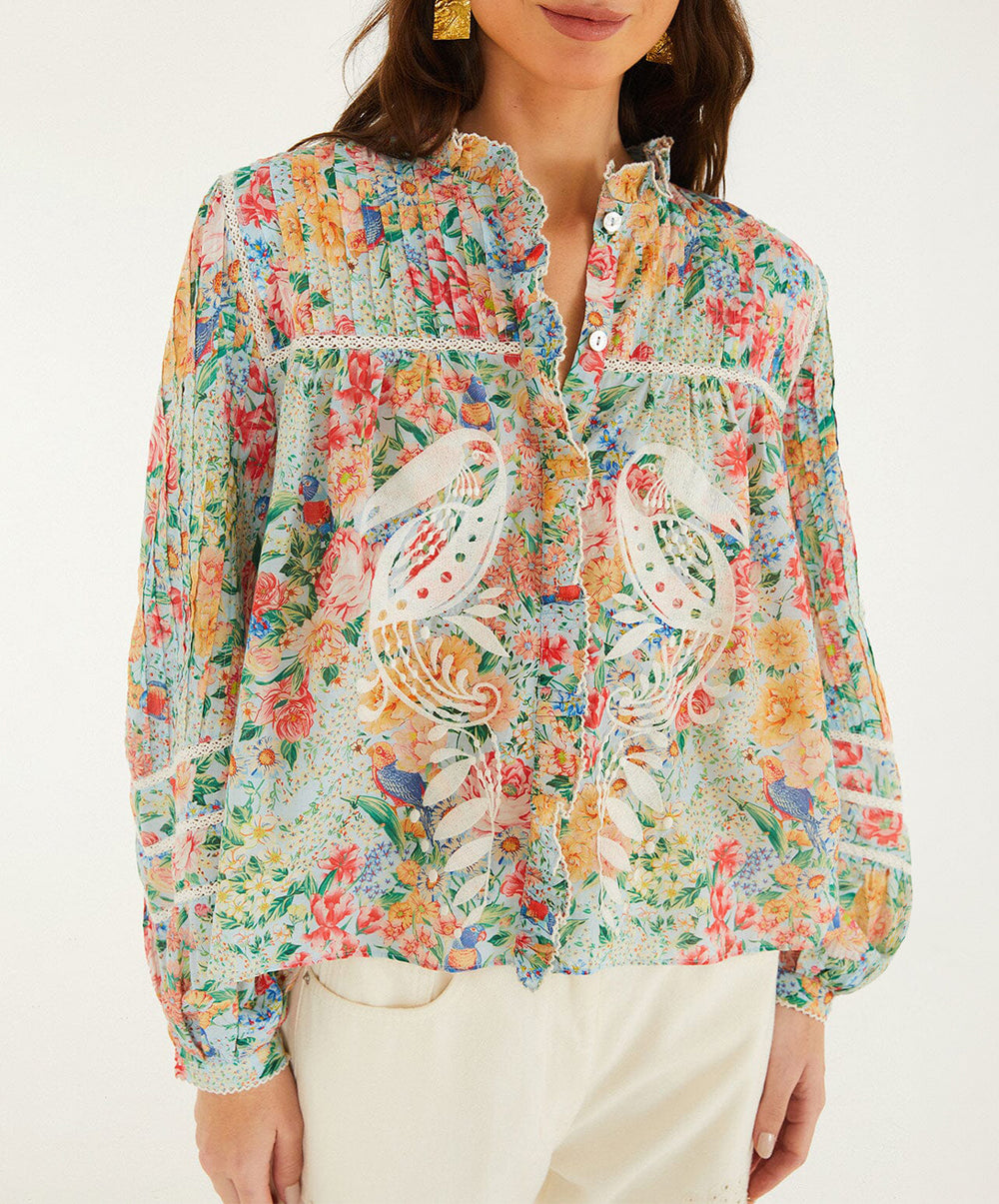Multicolor Rendeira Cutwork Long Sleeve Blouse