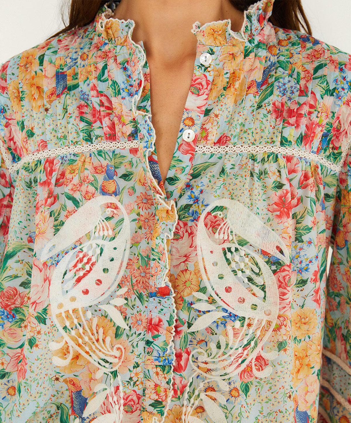 Multicolor Rendeira Cutwork Long Sleeve Blouse