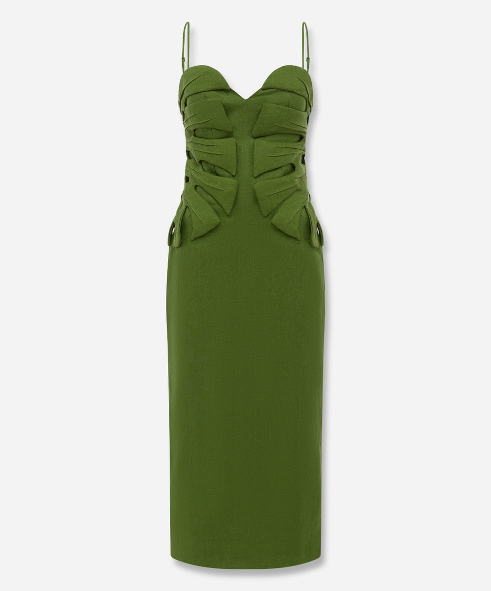 Green Monstera Leaf Sleeveless Euroflax™ Premium Linen Maxi Dress