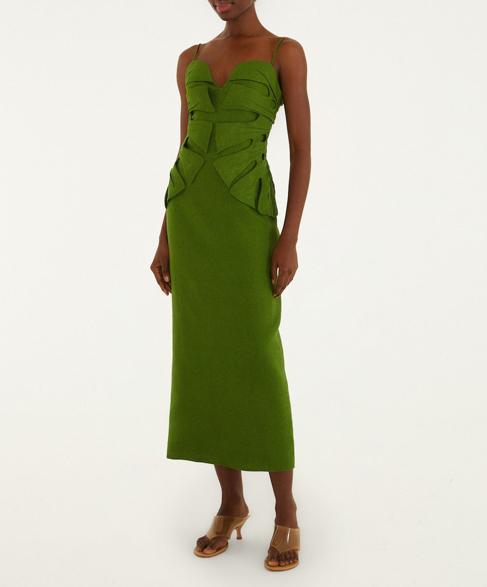 Green Monstera Leaf Sleeveless Euroflax™ Premium Linen Maxi Dress