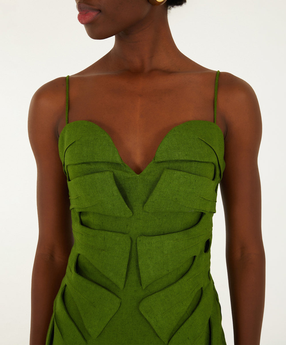 Green Monstera Leaf Sleeveless Euroflax™ Premium Linen Maxi Dress