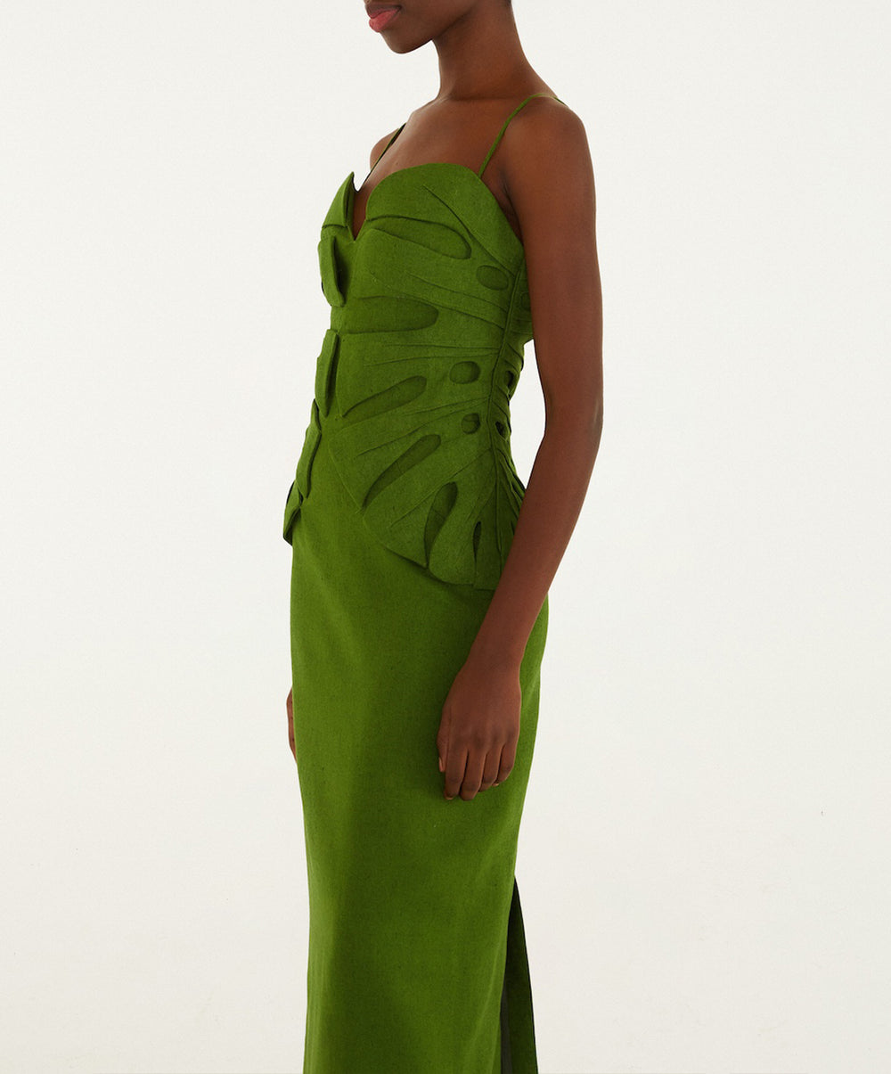 Green Monstera Leaf Sleeveless Euroflax™ Premium Linen Maxi Dress