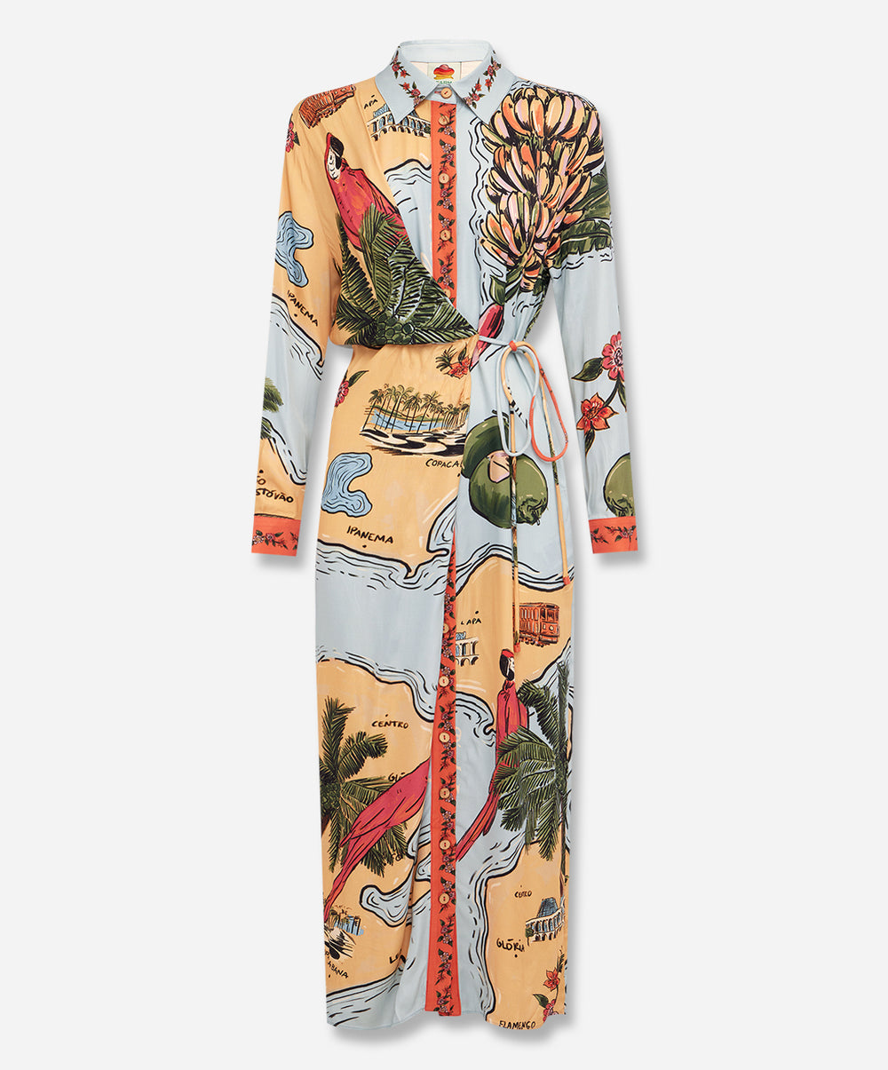 Multicolor Beaches Path Collared Buttoned Maxi Dress