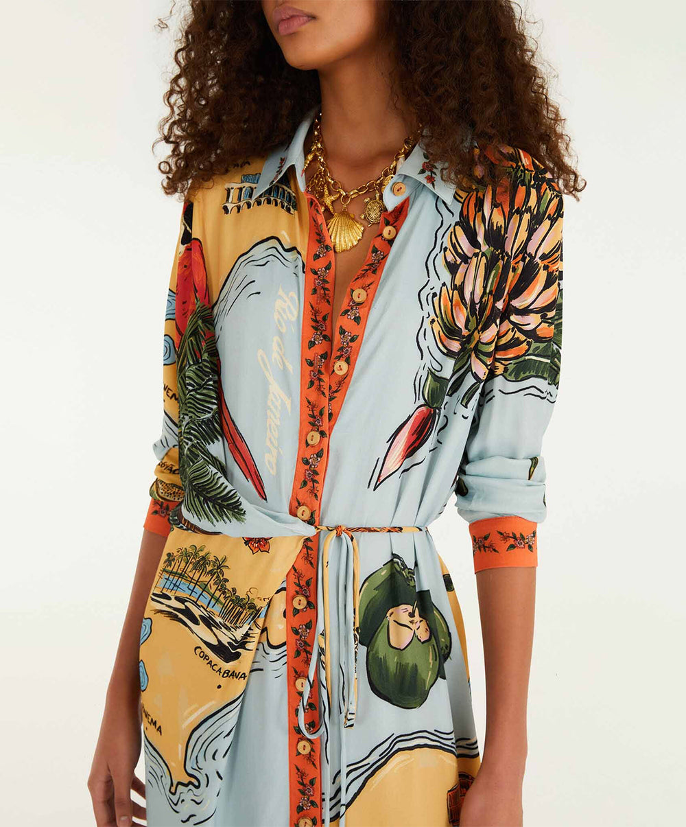 Multicolor Beaches Path Collared Buttoned Maxi Dress