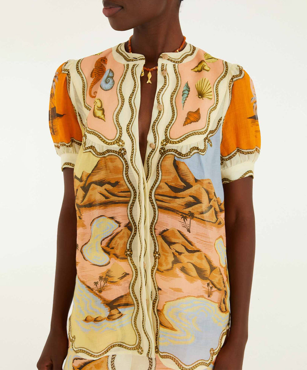 Multicolor Rio Souvenir Scarves Puff Sleeve Blouse