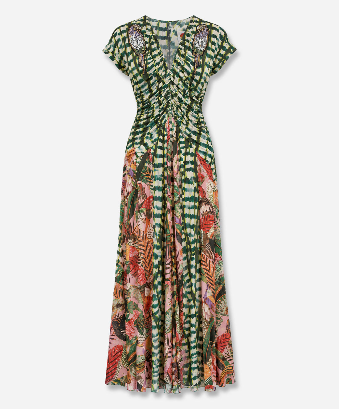 Artisanal Birds And Striped Leaves Short Sleeves Maxi Dress