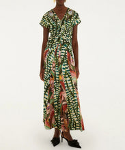 Load image into Gallery viewer, Artisanal Birds And Striped Leaves Short Sleeves Maxi Dress