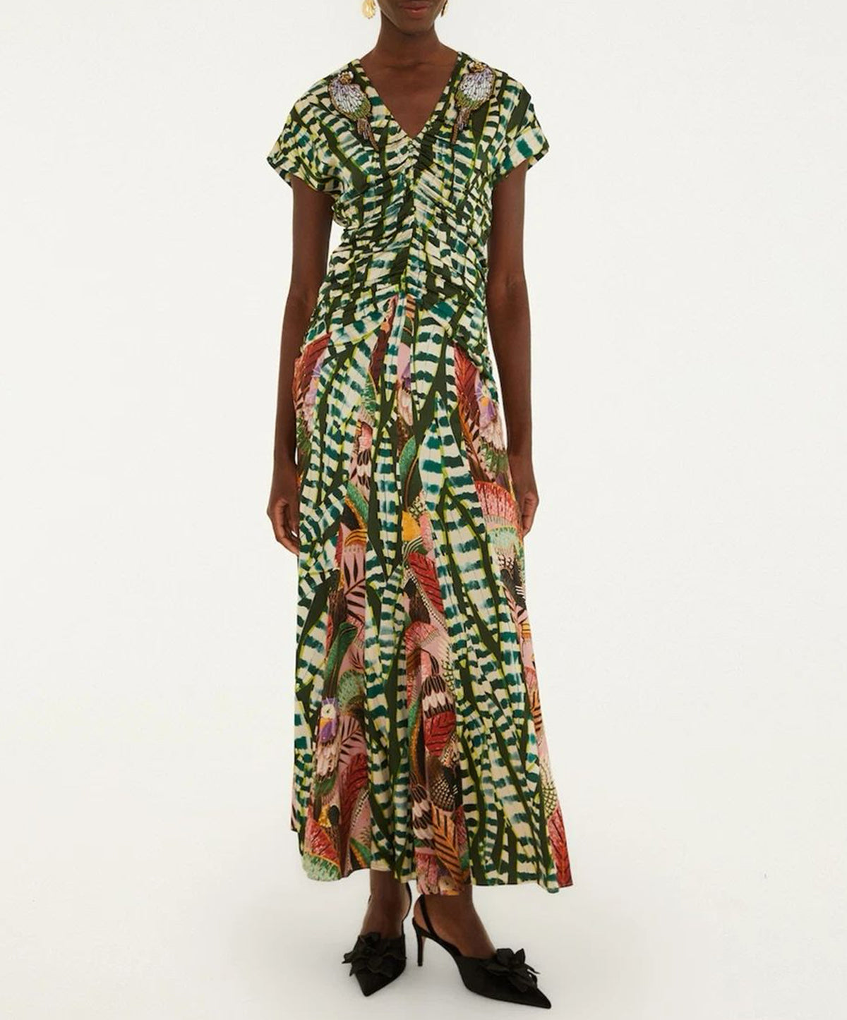 Artisanal Birds And Striped Leaves Short Sleeves Maxi Dress
