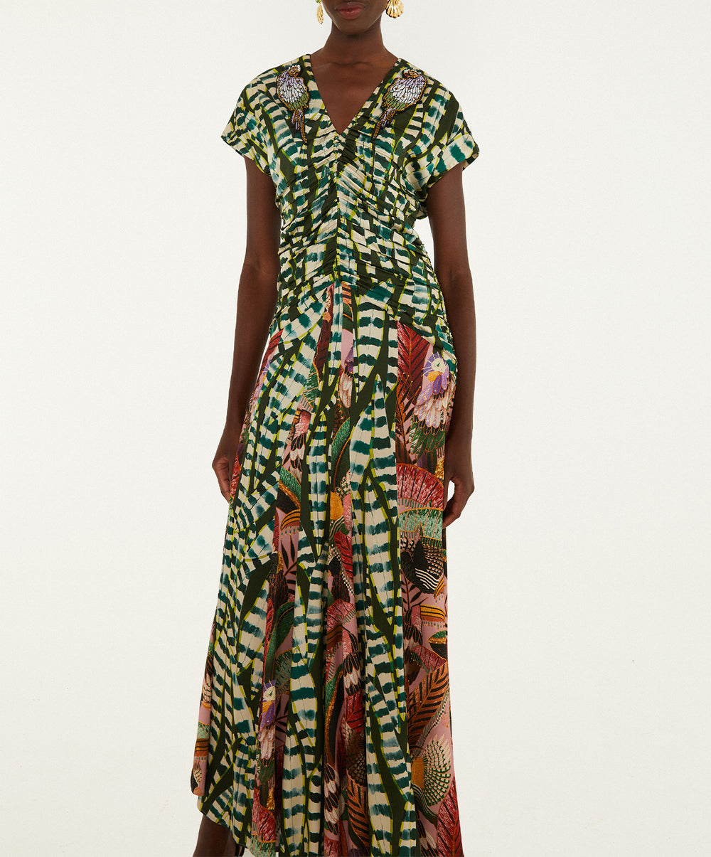 Artisanal Birds And Striped Leaves Short Sleeves Maxi Dress