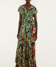 Load image into Gallery viewer, Artisanal Birds And Striped Leaves Short Sleeves Maxi Dress