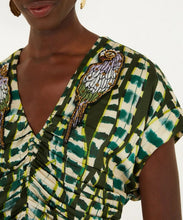 Load image into Gallery viewer, Artisanal Birds And Striped Leaves Short Sleeves Maxi Dress