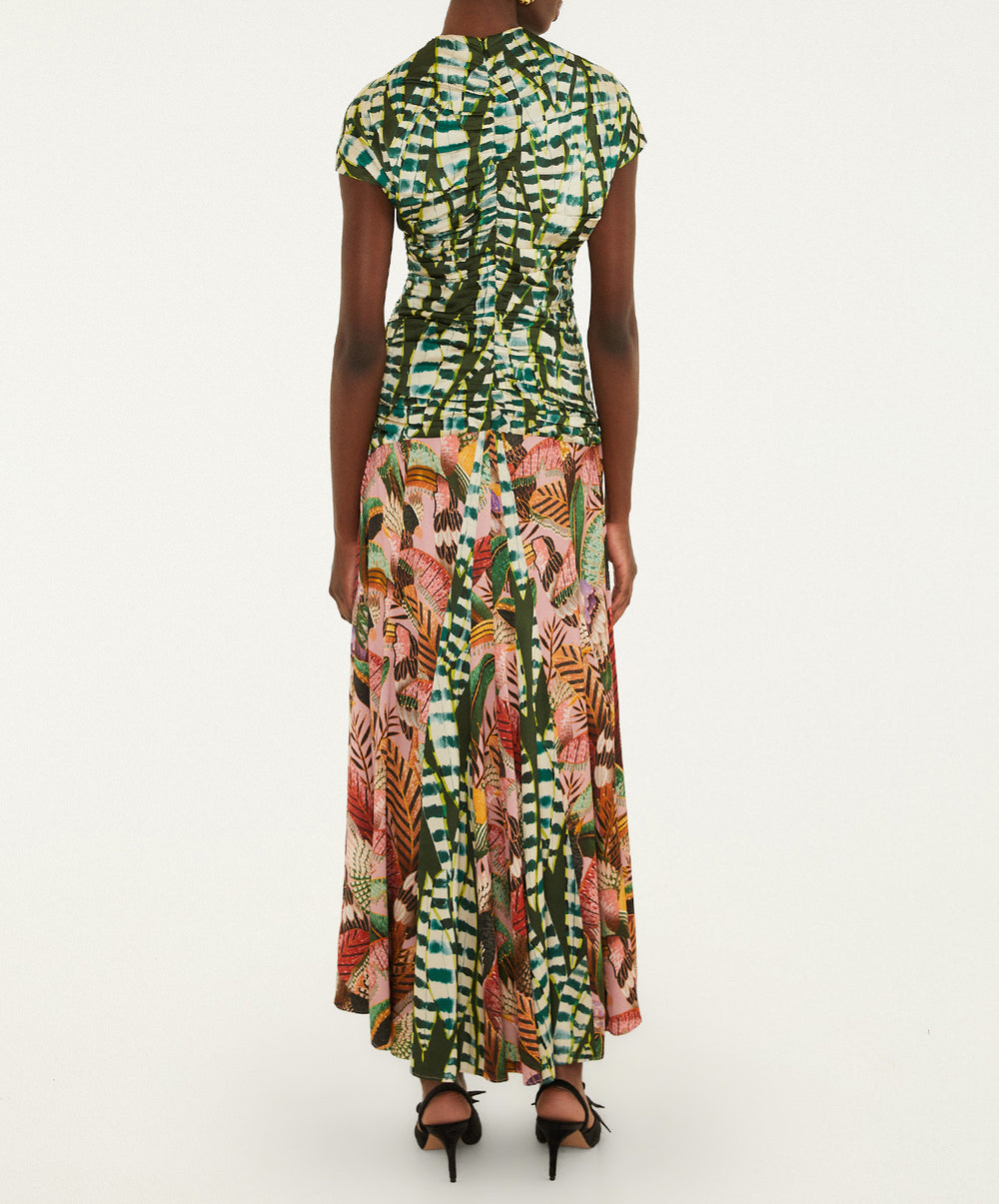 Artisanal Birds And Striped Leaves Short Sleeves Maxi Dress