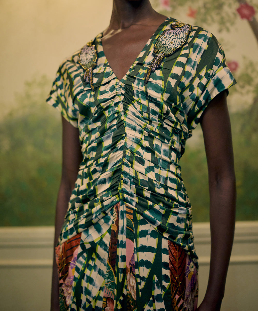 Artisanal Birds And Striped Leaves Short Sleeves Maxi Dress
