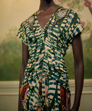 Load image into Gallery viewer, Artisanal Birds And Striped Leaves Short Sleeves Maxi Dress