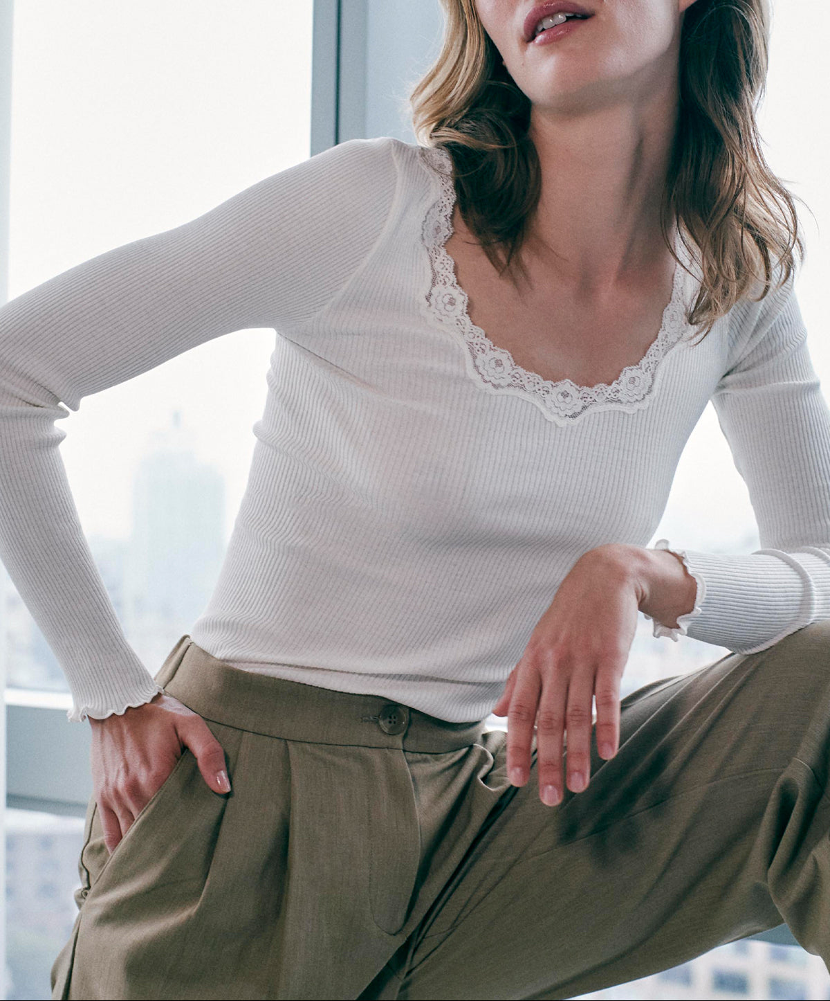 Babette Silk Long Sleeve U-Neck Lace T-Shirt