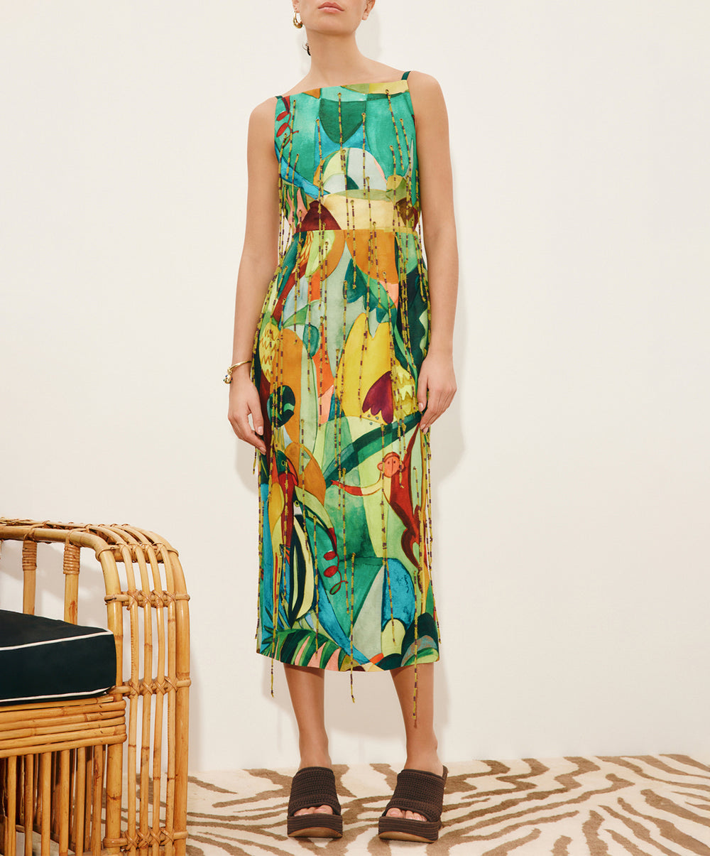 feeling fringe midi dress Mokshini Beaded Fringe Midi Dress