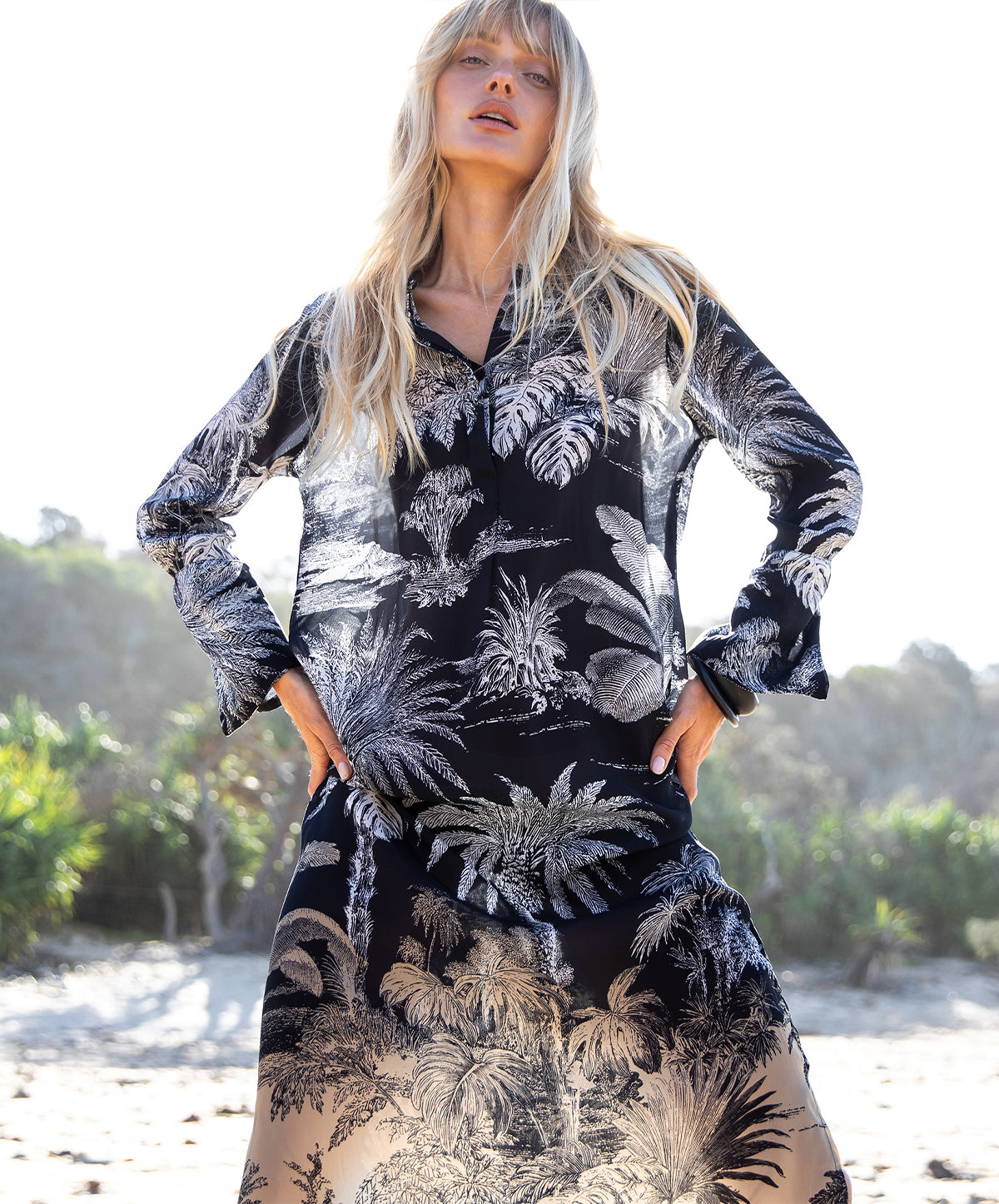 Midnight Palm Long Genie Dress