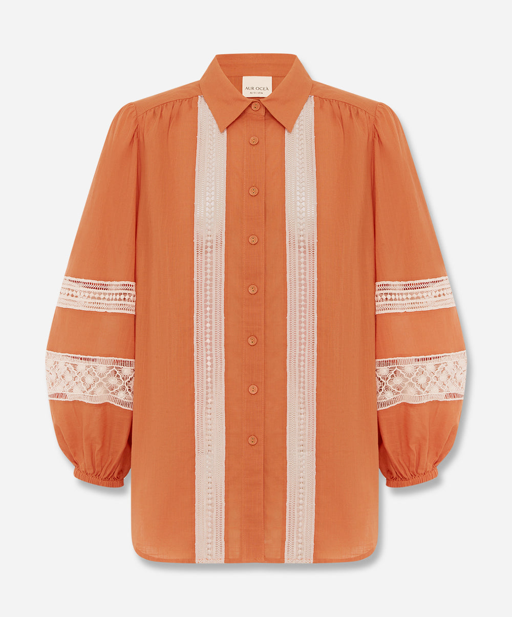 TANGELO Lace Trim Billow Sleeve Blouse