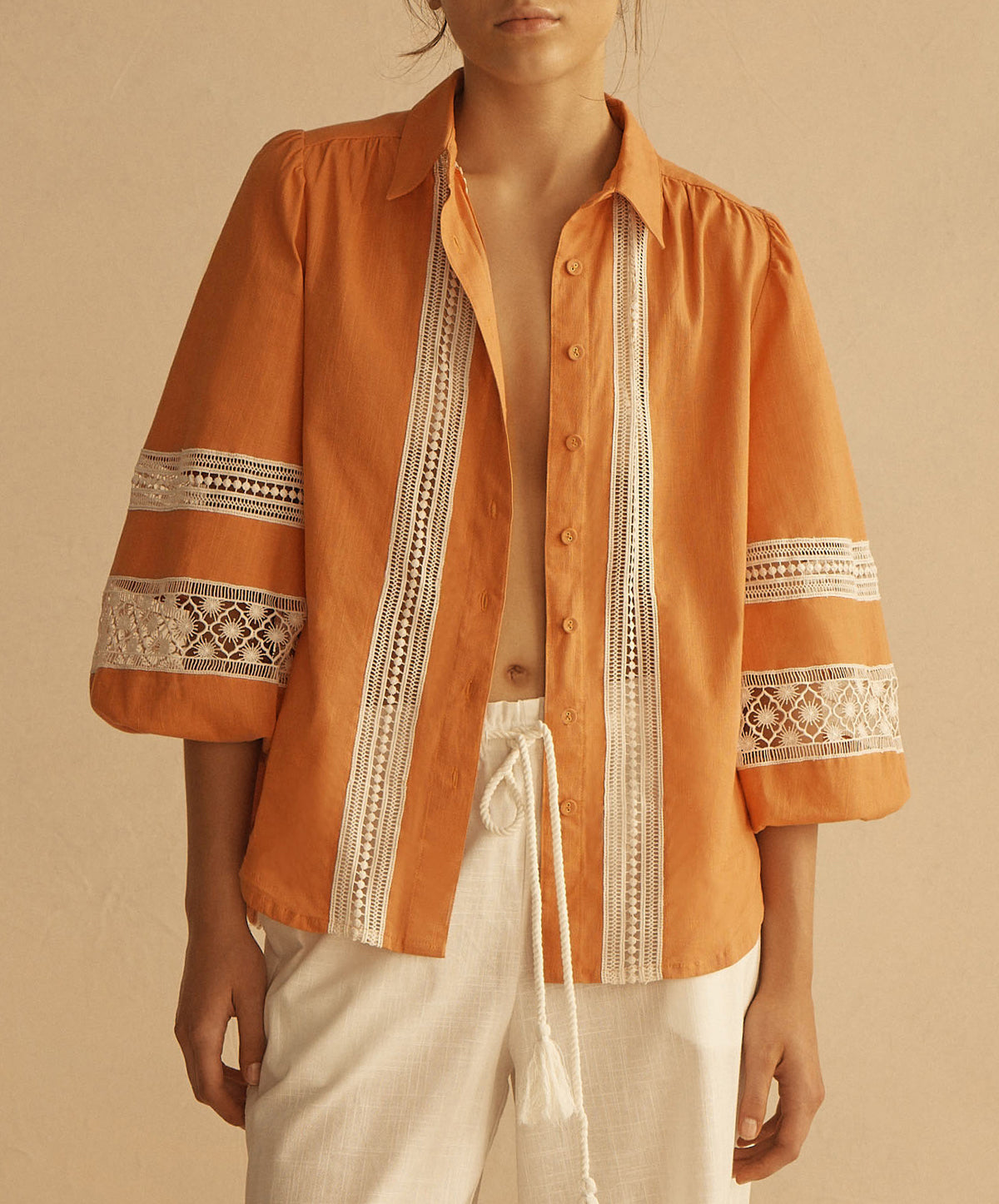 TANGELO Lace Trim Billow Sleeve Blouse