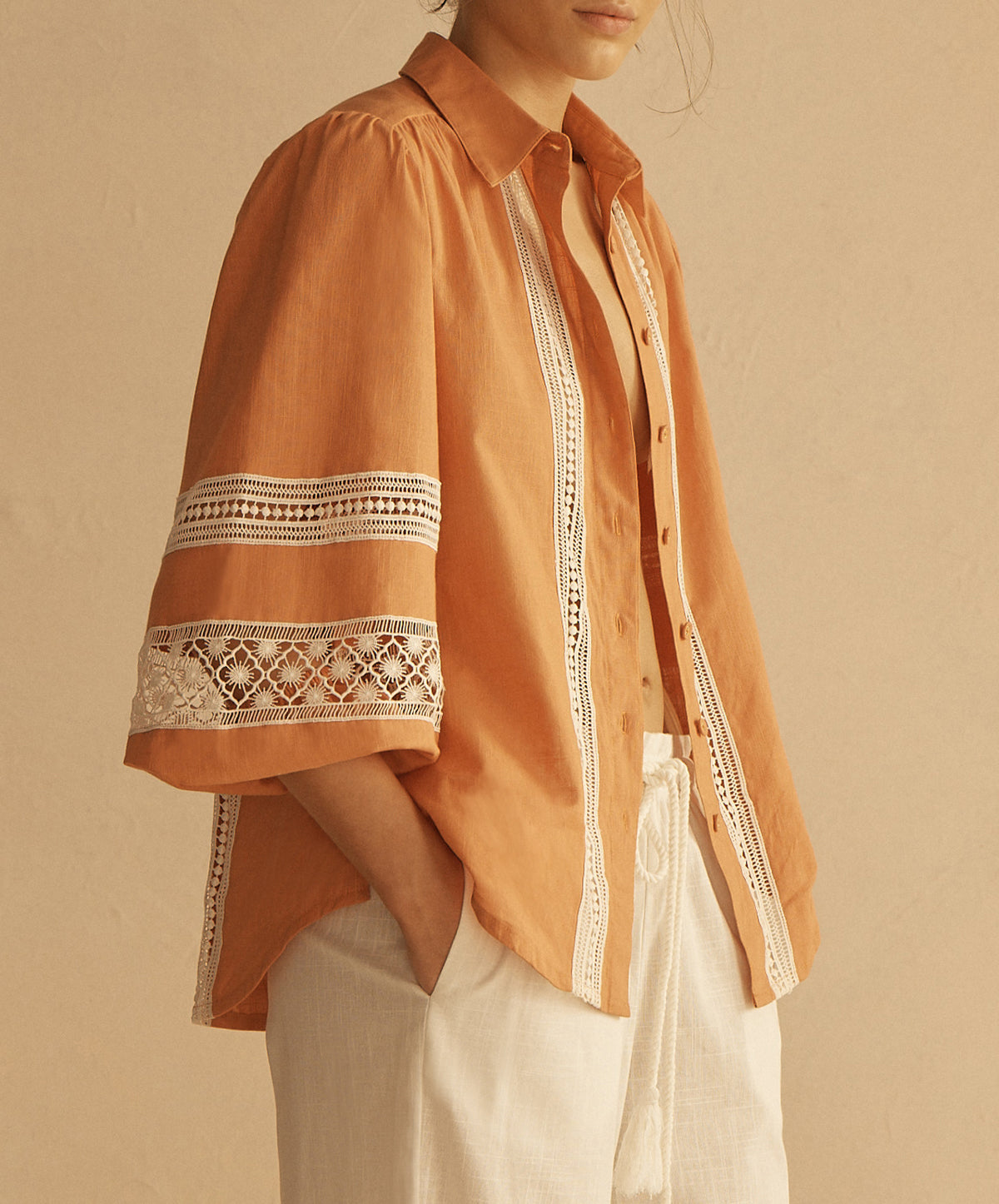 TANGELO Lace Trim Billow Sleeve Blouse