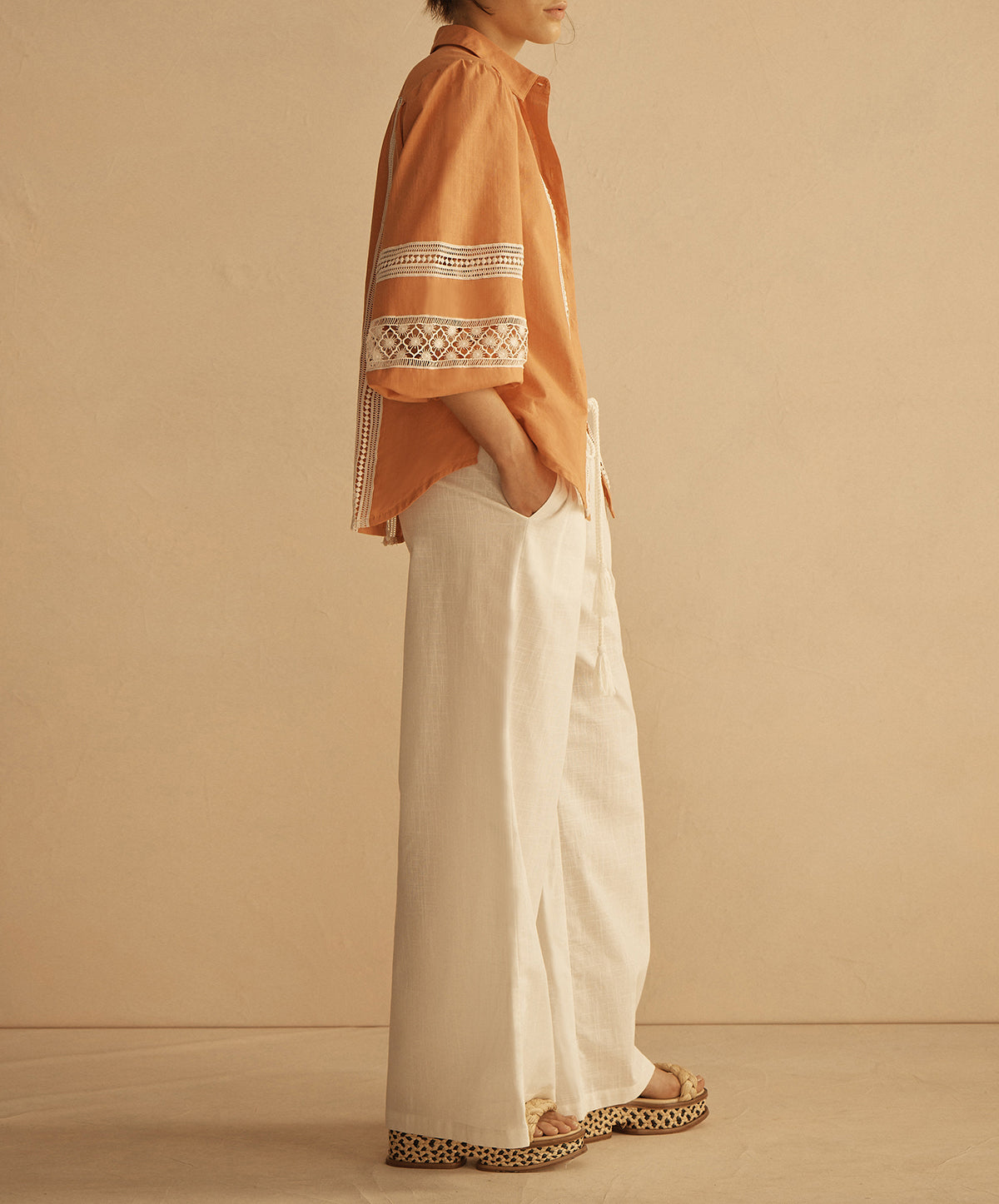 TANGELO Lace Trim Billow Sleeve Blouse
