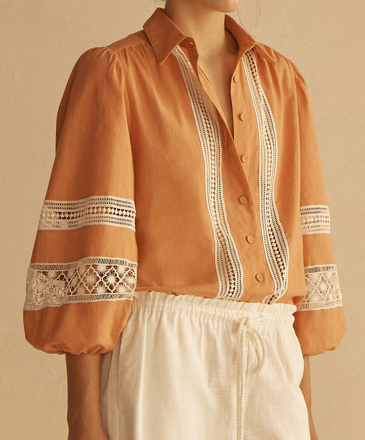 TANGELO Lace Trim Billow Sleeve Blouse