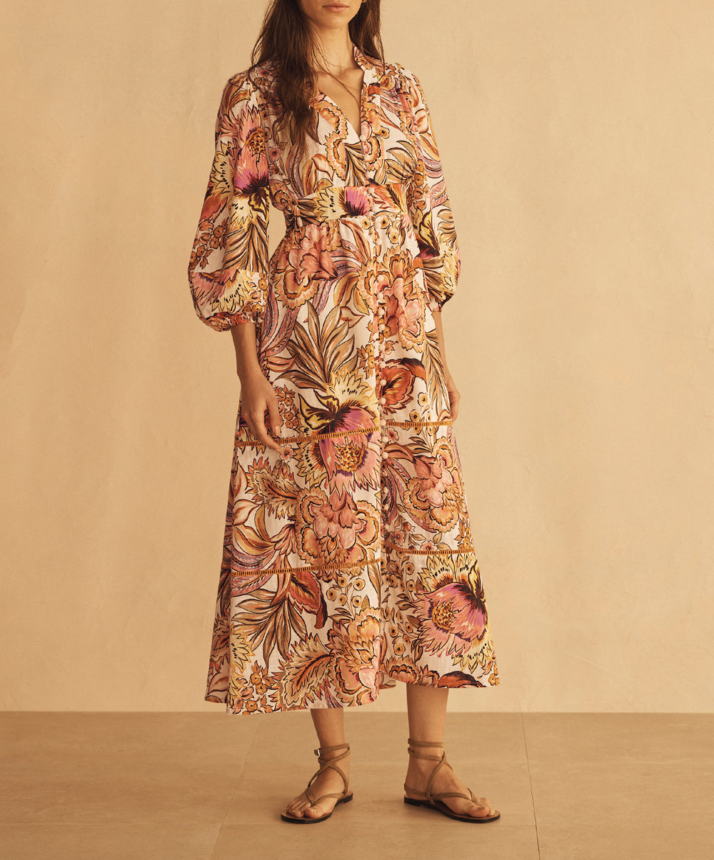 BEL FIORE Blouson Tiered Midi Dress