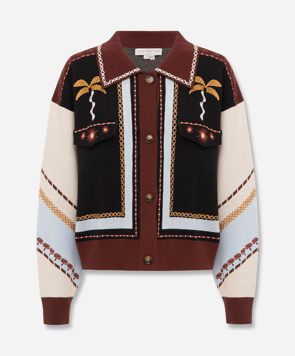 Geometric Knit Cardigan with Embroidery Detail