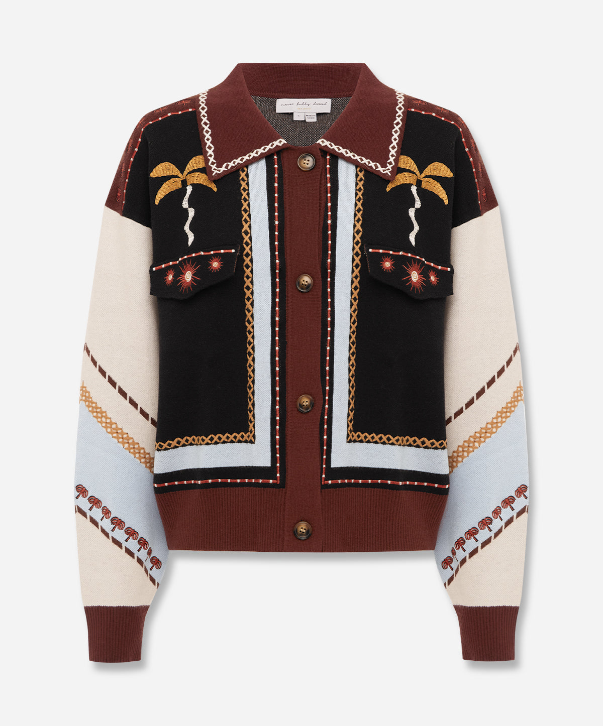 Geometric Knit Cardigan with Embroidery Detail